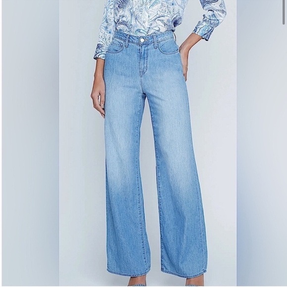 New L’Agence Alicent High Rise Wide Leg Jeans Havana Blue Relaxed Long Sz 29